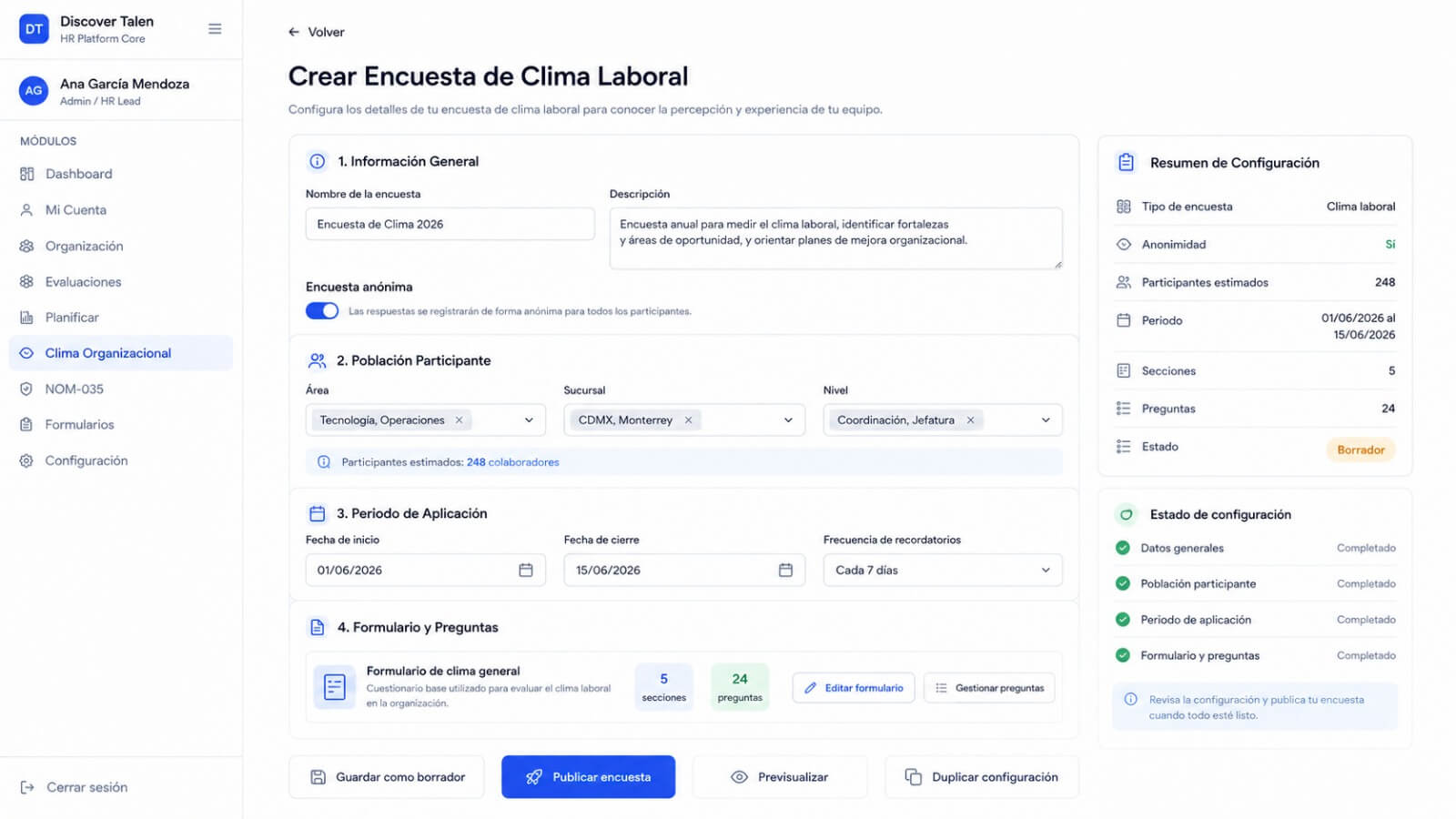Pantalla de configuración de aplicación de encuesta de clima con población y periodo definidos.