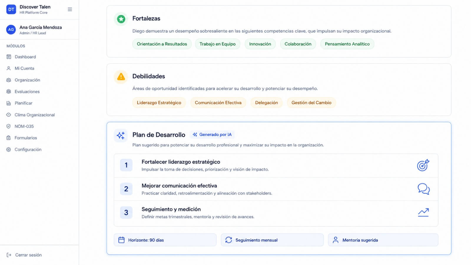 Plan de desarrollo básico generado a partir de los resultados de un colaborador.