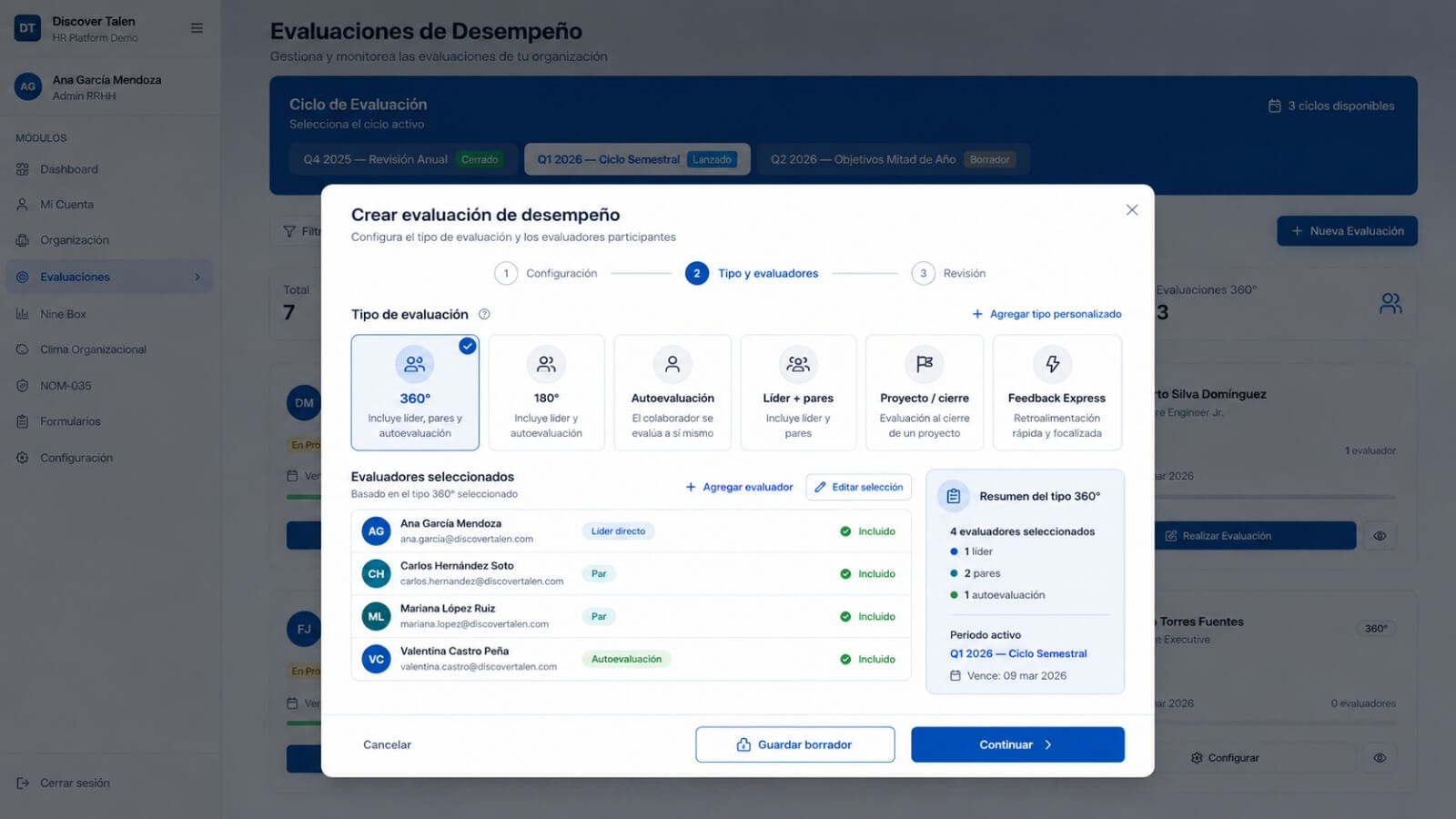 Pantalla de configuración de evaluadores con un esquema de asignación seleccionado.