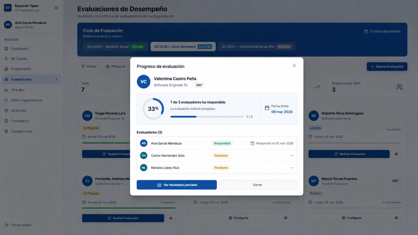 Progreso de evaluación con evaluadores, estatus de respuesta y fecha límite del ciclo.